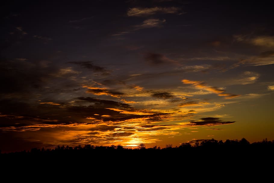 alba, cel, posta de sol, núvols, retroil·luminat, contrast, fosc, vespre, hora daurada, a l'aire lliure, paisatge, escènic, siluetes, sortida del sol, arbres, núvol - cel, bellesa a la natura, escenics - natura, color taronja, tranquil·litat, silueta, escena tranquil·la, idíl·lic, naturalesa, cap gent, cel dramàtic, medi ambient, escena no urbana, cloudscape, majestuós, 5K