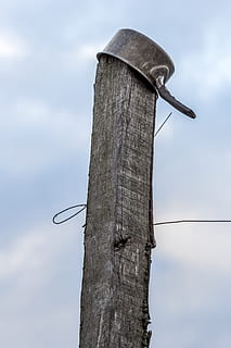 pande, himmel, stolpe, hat, overskyet himmel, skyer, lav vinkel visning, natur, sky - himmel, dag, træ - materiale, udendørs, ingen mennesker, træ, pol, træstamme, bagagerum, brændstof og elproduktion, arkitektur, jord, bygget struktur, beskyttelse, metal, træ post, 4K, CC0, offentligt domæne, royaltyfrie