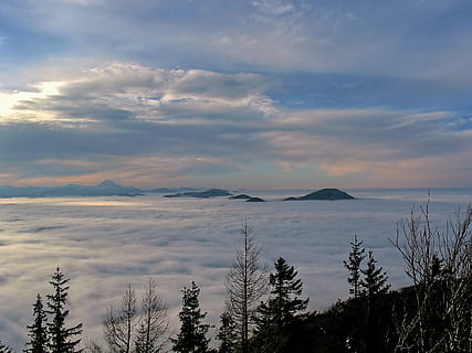 nebbia, paesaggio, sfondo, nuvole, dietro alm, cielo appannato, selva marine, cielo, nuvola - cielo, bellezza nella natura, scena tranquilla, la tranquillità, scenics - natura, pianta, albero, montagna, natura, nessuno, scena non urbana, idilliaco, acqua, all'aperto, ambiente, giorno, tramonto, 1080P, CC0, dominio pubblico, privo di copyright