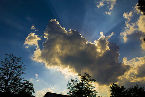 sun, rays, sky, clouds, outdoors, scenic, tranquil, stratosphere, atmosphere, high, weather, meteorology, cloudscape, view, environment, nature, cloud - sky, tree, beauty in nature, low angle view, sunbeam, sunlight, tranquility, scenics - nature, no people, dramatic sky, blue, day, plant, tranquil scene, treetop, bright, 5K, CC0, public domain, royalty free