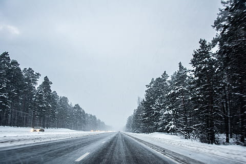 conducció d'hivern, hivern, paisatge, neu, naturalesa, bosc, arbre, fred - temperatura, a l'aire lliure, carretera, cap gent, relliscós, temps, escena no urbana, temperatura de fred, el camí a seguir, transport, planta, direcció, perspectiva decreixent, dia, nevar, bellesa a la natura, escenics - natura, cel, cotxe, manera de transport, clima extrem, vent de neu, 4K, CC0, domini públic, lliure de regalies