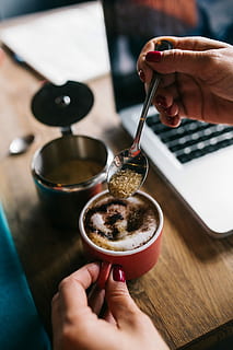 cup, coffee, sugar, Cup of coffee, cafe, late, espresso, human Hand, people, coffee - Drink, one Person, close-up, unrecognizable Person, drink, working, holding, indoors, human body part, food and drink, preparation, hand, real people, table, refreshment, lifestyles, focus on foreground, high angle view, food, body part, coffee cup, freshness, finger, 4K