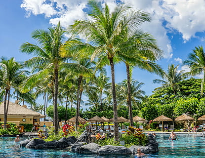 clouds, fun, huts, palm trees, paradise, people, pool, resort, rocks, swimming, swimming pool, trees, tropical, vacation, water, tropical climate, tree, palm tree, plant, nature, sky, day, architecture, built structure, growth, transportation, vacations, trip, group of people, building exterior, incidental people, real people, tourist resort, outdoors, coconut palm tree, 5K, CC0, public domain, royalty free