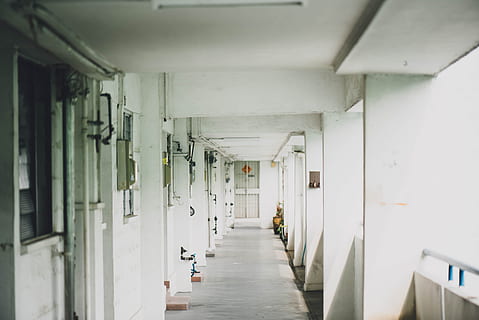 arquitectura, edificio, estructura, cielo, colegio, salón de clases, piso, pared, soleado, corredor, arcada, el camino a seguir, adentro, nadie, dirección, vacío, estructura construida, perspectiva decreciente, pared - característica de la construcción, puerta, salud y medicina, día, el color blanco, techo, Entrada, hospital, ausencia, 5K, CC0, dominio público, libre de derechos