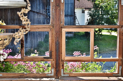 vetro beige in legno, finestra, vecchio, malaticcio, fiori, atmosfera, vista, vedere, orologio, ambiente, agriturismo, Baviera, finestre di legno, intemperie, vecchia casa colonica, storicamente, geranio, facciata, architettura, rustico, gioielli di fiori di casa, vecchia finestra, legna, pianta, pianta fiorita, legno - materiale, fiore, nessuno, giorno, natura, struttura costruita, esterno dell'edificio, all'aperto, costruzione, crescita, vetro - materiale, freschezza, Casa, concentrarsi sulle conoscenze acquisite, riflessione, acqua, telaio della finestra, 4K, CC0, dominio pubblico, privo di copyright