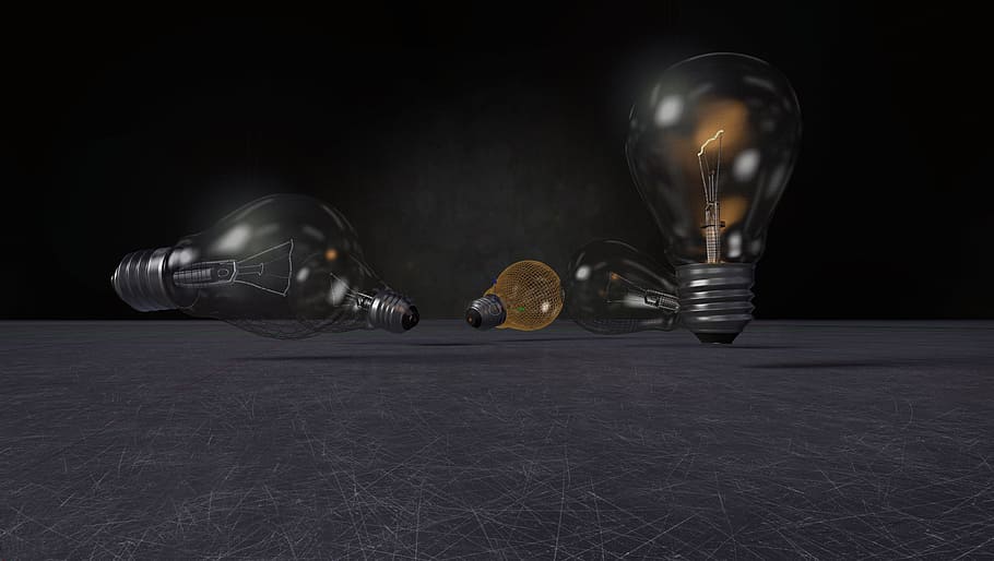 il·lustració de bombetes clares, llum, pera, il·luminació, bombeta, bombetes, energia, vidre, fil, experimentar, llums, Model 3D, filament, equips d’il·luminació, tir de l'estudi, a l'interior, electricitat, cap gent, fons negre, il·luminat, vidre - material, natura morta, tecnologia, llum elèctrica, generació de combustible i energia, llum - fenomen natural, color negre, creativitat, copa, sol objecte, innovació, Font d'alimentació, 1080P