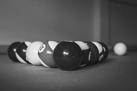 greyscale photo, billiard balls, balls, billiard, billiard table, black-and-white, blur, close-up, cue sports, monochrome, round, sport, pool ball, table, pool - cue sport, pool table, ball, indoors, number, still life, sphere, snooker, focus on foreground, no people, selective focus, relaxation, leisure activity, pool cue, snooker ball, sports equipment, 5K, CC0, public domain, royalty free