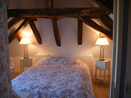bedroom, rustic, eaves, room, interior, indoors, illuminated, lighting equipment, architecture, bed, no people, electric lamp, furniture, window, domestic room, absence, building, built structure, electric light, curtain, home interior, light, hotel, luxury, ceiling, hotel room, 2K, CC0, public domain, royalty free