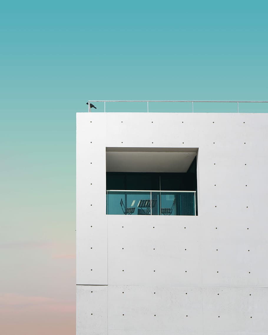 negre, ocell, posat, gris, edifici, blanc, concret, cel, finestra, balcó, porta, taula, cadira, arquitectura, disseny modern, blau, fons de pantalla hd, fons, llum solar, ombra, llum, minimalisme, mínim, resum, estructura construïda, exterior de l'edifici, cap gent, vista d’angle baix, dia, cel clar, naturalesa, funció de construcció de parets, a l'aire lliure, còpia espai, ciutat, metall, tecnologia, fauna animal, Color blanc, 5K