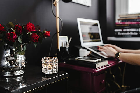 desk, home office, Pink, female, home, office, workspace, workplace, indoor, femine, stylish, wroking, computer, indoors, laptop, business, technology, working, night, no people, flower, flowering plant, plant, vase, table, hand, human hand, human body part, adult, communication, one person, nature, connection, wireless technology, beauty in nature, flower arrangement, 5K, CC0, public domain, royalty free