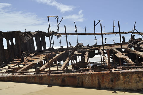 fraser island, wreck, australia, ship wreck, beach, abandoned, sky, run-down, damaged, shipwreck, deterioration, decline, obsolete, wood - material, day, no people, nature, architecture, rusty, ruined, bad condition, old, metal, weathered, nautical vessel, outdoors, demolished, 4K, CC0, public domain, royalty free