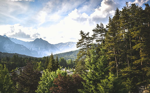 mountain range, trees, wilderness, view, daytime, clouds, sky, mountain, valley, nature, landscape, house, green, plant, forest, tree, pine tree, scenics, cloud - sky, day, no people, beauty in nature, scenics - nature, growth, tranquil scene, green color, tranquility, non-urban scene, land, environment, coniferous tree, outdoors, pine woodland, 5K