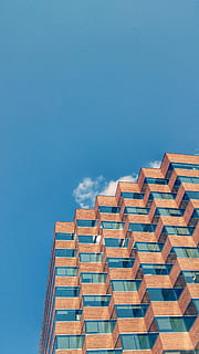 bajo, foto en angulo, muro cortina, Alto, edificio, fondo bluesky, arquitectura, modelo, ciudad, geometría, simetría, cielo, estructura construida, exterior del edificio, vista de ángulo bajo, azul, nadie, día, naturaleza, copia espacio, cielo limpio, luz del sol, al aire libre, en una fila, altura maxima, repetición, Distrito residencial, apartamento, 4K, CC0, dominio público, libre de derechos