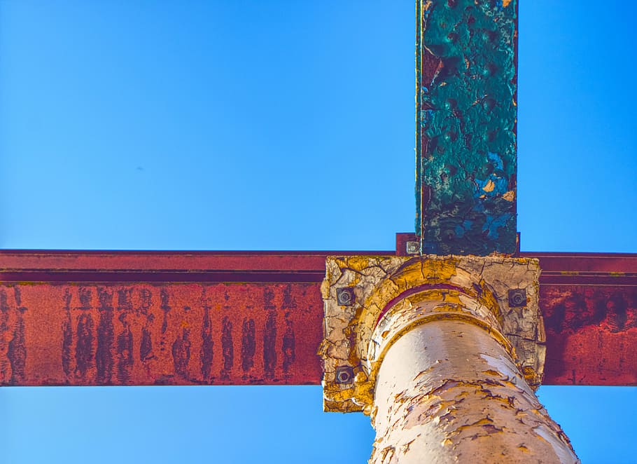 kov, struktura, stavební průmysl, konstrukce, průmysl, žehlička, továrna, kovový, stavět, ocel, povrch, modrý, čisté nebe, detail, Červené, nikdo, den, nebe, stavba, nízký úhel pohledu, architektura, Příroda, exteriér budovy, rezavý, venku, náboženství, kopie prostor, víra, duchovno, architektonický sloup, starý, 4K