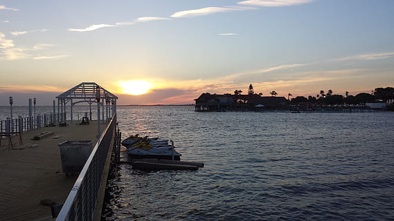 sunset, florida, water, sky, sea, architecture, built structure, cloud - sky, nature, transportation, scenics - nature, pier, nautical vessel, mode of transportation, building exterior, beauty in nature, no people, tranquility, tranquil scene, outdoors, 4K, CC0, public domain, royalty free
