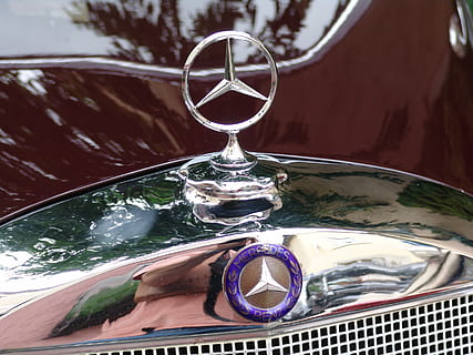 Mercedes, Star, Oldtimer, Reflexion, Nahansicht, Auto, Tag, Fokus auf den Vordergrund, Wasser, Transportmittel, Brille, Metall, keine Leute, Transport, Glas - Material, Kraftfahrzeug, draußen, Text, Natur, Sonnenbrille, glänzend, Landfahrzeug, silberfarben, Chrom, 2K, CC0, gemeinfrei, lizenzfrei
