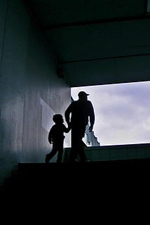 dad, child, commitment, fog, cold, walking, run, people, silhouette, men, two people, architecture, adult, full length, togetherness, standing, indoors, women, dark, day, built structure, childhood, males, nature, family, 2K, CC0, public domain, royalty free