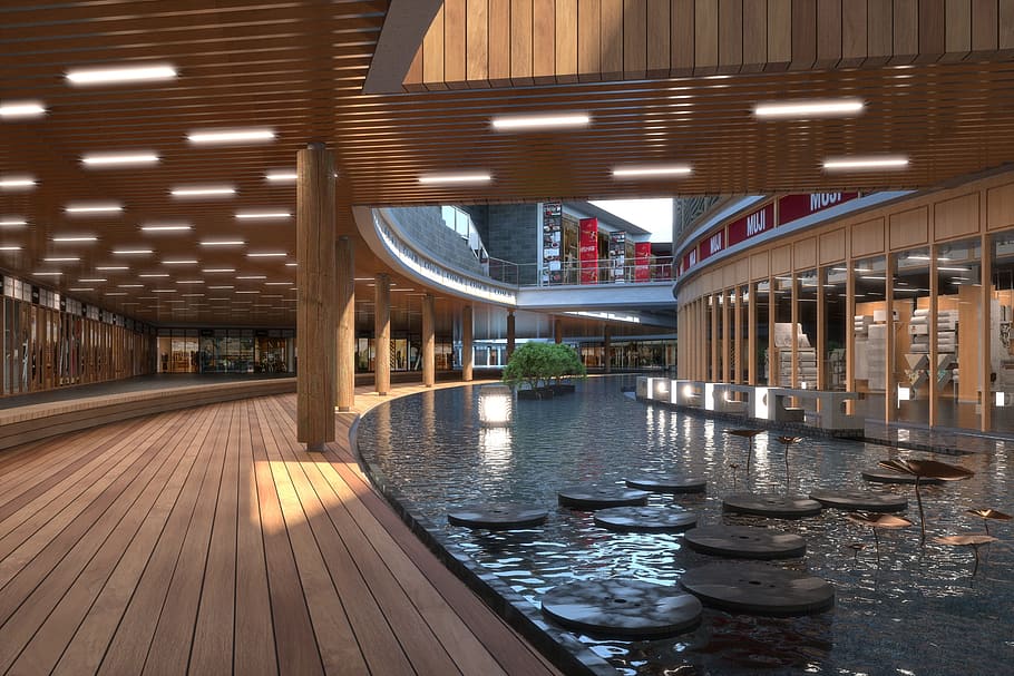 effektbillede, perspektiv, bygning, arkitektur, bygget struktur, afspejling, moderne, belyst, ingen mennesker, vand, indendørs, gulve, dag, belysningsudstyr, træ - materiale, mønster, fravær, loft, forretning, bro, by, arkitektoniske kolonne, luksus, 2K