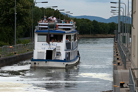 mannheim, neckar, lock, water, group of people, real people, text, mode of transportation, nautical vessel, railing, nature, transportation, men, day, tree, women, plant, ferry, outdoors, leisure activity, travel, passenger craft, 4K, CC0, public domain, royalty free