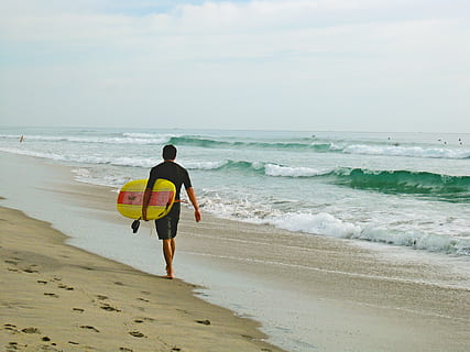 uomo, portando, tavola da surf, a piedi, riva, nero, camicia, pantaloncini, giallo, spiaggia, mare, acqua, terra, movimento, onda, retrovisore, orizzonte sull'acqua, orizzonte, una persona, cielo, lunghezza intera, persone reali, sport, attività di svago, scenics - natura, bellezza nella natura, stili di vita, uomini, all'aperto, 2K, CC0, dominio pubblico, privo di copyright