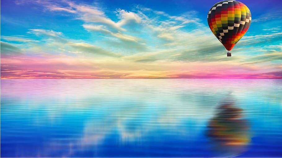 multicolore, caldo, riflessione dell'aerostato, acqua, riflessione, bellissimo, cielo, tranquillo, blu, colorato, nuvola - cielo, mare, avventura, volante, scenics - natura, natura, veicolo aereo, mongolfiera, mezz'aria, mezzi di trasporto, bellezza nella natura, viaggio, scena tranquilla, Palloncino, movimento, all'aperto, orizzonte sull'acqua, la libertà, composito digitale, 2K
