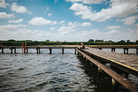 blonde, woman, wooden, pier, lake, Beautiful, wooden pier, by the lake, female, girl, water, young, wood, pretty, jetty, attractive, bridge - Man Made Structure, river, nature, outdoors, wood - Material, cloud - sky, sky, day, scenics - nature, built structure, beauty in nature, waterfront, architecture, tree, real people, group of people, tranquility, non-urban scene, reflection, 4K