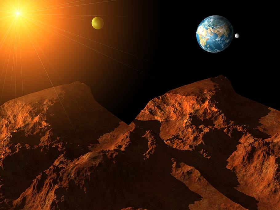 Marte, superficie, vista, cielo, spazio, Luna, montagna, natura, astronomia, notte, nessuno, scenics - natura, all'aperto, Luna piena, bellezza nella natura, esplorazione dello spazio, sfera, scena tranquilla, pianeta - spazio, roccia, geologia, riflesso lente, luna planetaria, eclisse, 1080P