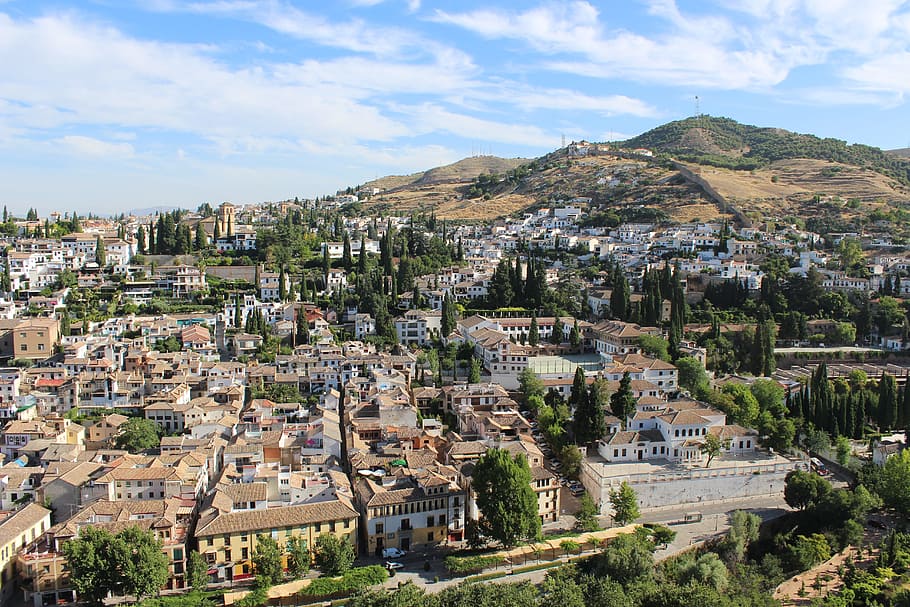 granada, Pohled, krajina, exteriér budovy, architektura, stavba, nebe, rezidenční čtvrti, budova, město, mrak - nebe, hora, Příroda, den, dav, strom, panoráma města, rostlina, přeplněný, venku, Dům, společenství, města, 5K