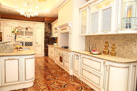 Indoor, Sample, Room, Kitchen, sample room, home interior, home showcase interior, architecture, luxury, wealth, indoors, home, domestic room, built structure, furniture, residential district, cabinet, building, flooring, no people, house, wood - material, domestic kitchen, modern, ornate, tiled floor, 5K, CC0, public domain, royalty free