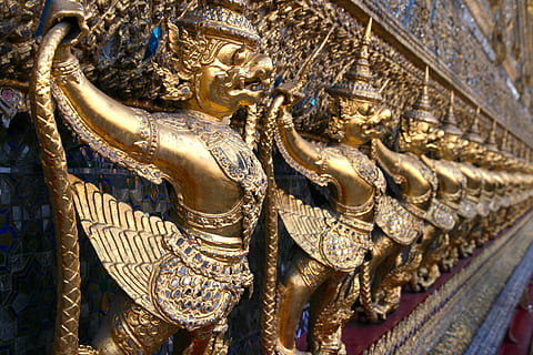 photo, brown, metal statues, demons, pattern, repeat, perspective, patterns, border, design, thai, temple, thailand, thai temple, religion, buddhism, bangkok, thailand temple, bhuddist temple, traditional, siam, gold colored, art and craft, belief, representation, place of worship, spirituality, sculpture, no people, gold, human representation, built structure, architecture, building, statue, in a row, creativity, male likeness, ornate, antique, 4K, CC0, public domain, royalty free