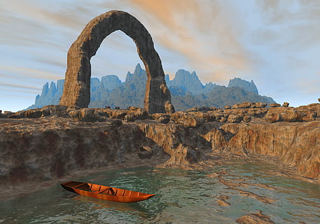 båt, klippe, digitalt, bakgrunns, datamaskingenerert, virtuell, romvesen, planet, univers, kosmos, vann, utendørs, reise, natur, landskap, Port, portal, bro, rock gate, regnbuebro, bue, steinbue, scene, kano, oppdagelse, kyst, ufruktbar, tørke, sand, stein, ørken, forlatt, eventyr, skjønnhet i naturen, rock-objekt, himmel, fjell, naturskjønnhet - natur, bergformasjon, fast, oransje farge, rolig scene, ro, sky - himmel, fjellkjede, reisemål, dag, ikke-urbane scene, nautisk fartøy, ingen folk, oppblåsbare, dannelse, 2K, CC0, offentlig domene, opphavsrett gratis