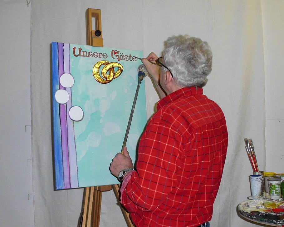 pintor de guions, regal de noces, tela, una persona, art i artesania, Cabells grisos, adult gran, pintura, creativitat, homes, adult, a l'interior, raspall, roba casual, pinzell, activitat d'oci, artista, ocupació, celebració, estils de vida, paleta, homes majors, cavallet, cabell blanc, 1080P