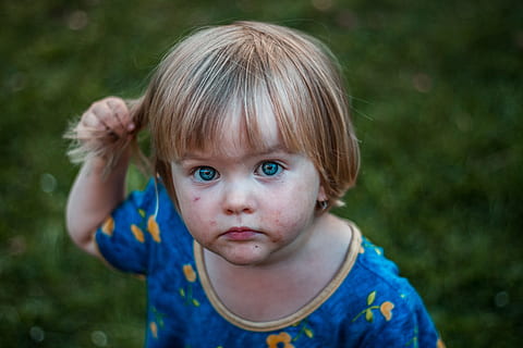 selectief, focus fotografie, meisje, bezit, haar-, macrofotografie, kleuter, blauw, bloemen, top, kinderen, meisje in blauw, blauw en geel, ronde hals, t-shirt, dag, kind, schattig, mensen, een persoon, Kaukasische etniciteit, buitenshuis, levensstijl, menselijk gezicht, portret, baby's en kinderen, kinderjaren, blond haar, jongens, klein, natuur, gezichtsuitdrukking, zomer, hoofdschot, kijkend naar de camera, onschuld, vooraanzicht, oog, nakomelingen, mannetjes, focus op de voorgrond, detailopname, blauwe ogen, emotie, pony, overpeinzing, kapsel, 5K, CC0, publiek domein, royaltyvrij