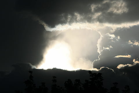 thunderstorm, sky, clouds, dark, opening, centre, light, layers, storm, cloud - sky, beauty in nature, lightning, power in nature, storm cloud, warning sign, no people, environment, dramatic sky, scenics - nature, power, silhouette, cloudscape, nature, sign, outdoors, meteorology, rain, ominous, 4K, CC0, public domain, royalty free