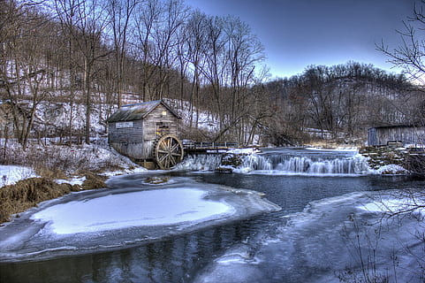 vandmølle, ved siden af, sø, Skov, vinter, mølle, wisconsin, hyde, landskab naturskønne, sne, koldtemperatur, is, træ, natur, kold temperatur, arkitektur, Frosset, vand, scenics - natur, bygget struktur, plante, ingen mennesker, bare træ, flod, bro - menneskeskabt struktur, miljø, lang eksponering, bro, udendørs, flydende vand, strøm - rindende vand, flyder, 4K, CC0, offentligt domæne, royaltyfrie