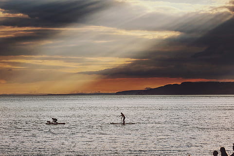 oceano durante il tramonto, uomo, in piedi, tavola da surf, corpo, acqua, paddle board, tramonto, nube, i raggi del sole, cielo, nuvola - cielo, bellezza nella natura, scenics - natura, lungomare, mare, uomini, natura, persone reali, stili di vita, colore arancione, la tranquillità, silhouette, nave nautica, mezzi di trasporto, scena tranquilla, scena non urbana, all'aperto, orizzonte sull'acqua, 4K, CC0, dominio pubblico, privo di copyright