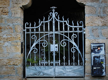 goal, grid, mailbox, architecture, building exterior, built structure, metal, no people, wrought iron, day, window, gate, closed, building, entrance, security, outdoors, art and craft, old, safety, wall - building feature, door, design, ornate, iron - metal, 2K, CC0, public domain, royalty free