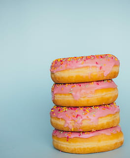 Sweet donuts, bake, baked, baking, cake, cookie, cookies, donut, donuts, pink, sugar, sweet, food, dessert, sweet Food, snack, gourmet, pastry, multi Colored, pink Color, bakery, icing, refreshment, colored background, food and drink, blue background, studio shot, healthy eating, indulgence, still life, freshness, indoors, ready-to-eat, temptation, stack, unhealthy eating, no people, close-up, copy space, macaroon, french food, 4K, CC0, public domain, royalty free