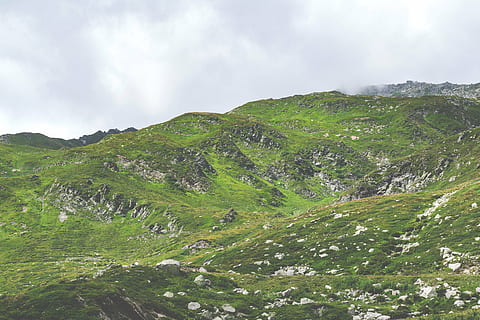green grassy mountians, mountain, highland, cloud, sky, landscape, nature, valley, rocks, green, grass, green Color, summer, hill, outdoors, scenics, cloud - sky, scenics - nature, beauty in nature, environment, non-urban scene, tranquility, tranquil scene, day, no people, plant, land, idyllic, remote, 5K, CC0, public domain, royalty free
