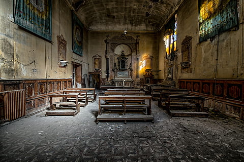 abandoned church, empty, church, architecture, building, infrastructure, old, ancient, cathedral, altar, indoors, industry, no people, day, metal industry, religion, history, built structure, the past, belief, spirituality, place of worship, sculpture, art and craft, abandoned, statue, obsolete, bad condition, deterioration, ruined, 5K