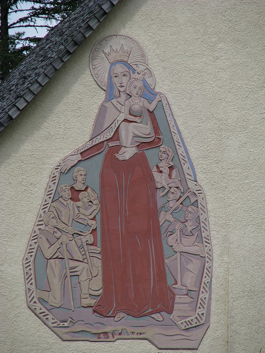 maria, bede, barn, menneskelig repræsentation, repræsentation, mandlig lighed, Kunst og håndværk, religion, tro, kreativitet, spiritualitet, skulptur, statue, arkitektur, bygget struktur, ingen mennesker, kvindelig lighed, håndværk, murbygningsfunktion, sted for tilbedelse, dag, bygning, vægmaleri, 2K