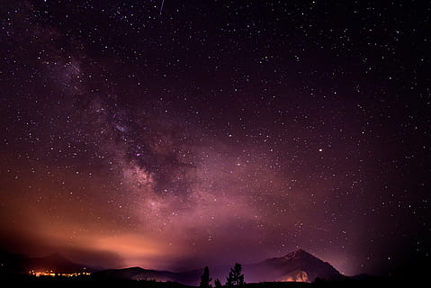 silhouette, trees, starry night, view, starry, night, sky, nature, clouds, constellations, stars, universe, galaxy, space, gradient, orange, purple, black, scenics, outdoors, no people, star - space, astronomy, scenics - nature, beauty in nature, tranquility, tranquil scene, mountain, star, star field, environment, landscape, majestic, illuminated, milky way, space and astronomy, 5K