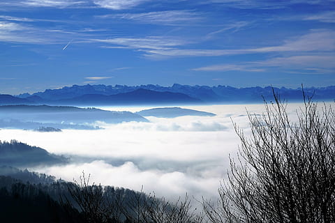 nebbia, cielo, natura, alberi, inverno, autunno, umore, paesaggio, sole, soleggiato, intobeauty, tempo metereologico, periodo dell'anno, cantone, nuvole, blu, bianca, lago, svizzero, nuvola - cielo, Paesaggi, bellezza nella natura, scena tranquilla, la tranquillità, all'aperto, nessuno, giorno, montagna, scenics - natura, ambiente, pianta, catena montuosa, albero, temperatura fredda, picco di montagna, 5K, CC0, dominio pubblico, privo di copyright