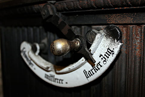 oven, controller, close up, enamelled, historically, cast iron, wood burning stove, old, antique, nostalgia, metal, close-up, no people, knob, indoors, safety, door, entrance, rusty, lock, wood - material, protection, retro styled, still life, key, history, security, pocket watch, 5K, CC0, public domain, royalty free