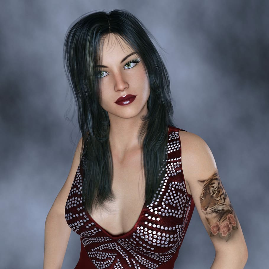 estudi, mira, model, femella, mira dues vegades, 320up, retrat, actitud, seriós, tigre, tatuatge, maquillatge, adult, només adults, mirant la càmera, una sola dona, només dones, dona guapa, bellesa, una persona, adult jove, vista frontal, tir de l'estudi, a l'interior, dones, llapis de llavis, moda, fons gris, dones joves, pentinat, cabell, 2K