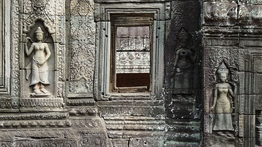 Cambogia, tempio, Angkor, statua, rovine, dea, donne, khmer, sculture murali, archeologia, architettura, storia, esterno dell'edificio, finestra, struttura costruita, giorno, arte e artigianato, rappresentazione umana, mestiere, nessuno, rappresentazione, costruzione, scultura, creatività, il passato, Entrata, intemperie, porta, somiglianza maschile, vecchio, spiritualità, all'aperto, intaglio, bassorilievo, ornato, 1080P