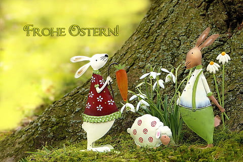 l'illustrazione di ostern, Pasqua, coniglietto di Pasqua, biglietto d'auguri, buon testo pasquale, figura, rappresentazione, rappresentazione umana, celebrazione, arte e artigianato, pianta, erba, natura, creatività, nessuno, giocattolo, colore verde, giorno, albero, uovo, vacanza, all'aperto, cibo, 1080P, CC0, dominio pubblico, privo di copyright