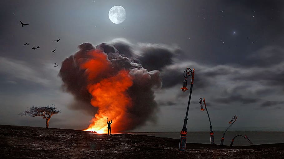 silhouette, persona, in piedi, fiamma, pieno, Luna, digitale, sfondo, fuoco, Fumo, notte, bruciare, fotografia notturna, comporre, umore, albero, rosso brillante, atmosfera, atmosferico, mistico, illuminazione, buio, paesaggio, lanterne, chiaro di luna, misticismo, cupo, scena, fuoco - fenomeno naturale, ardente, fumo - struttura fisica, incidenti e disastri, cielo, ambiente, natura, nessuno, mezzi di trasporto, crepuscolo, all'aperto, nuvola - cielo, distruzione, che esplode, calore - temperatura, comunicazione, inquinamento, 2K
