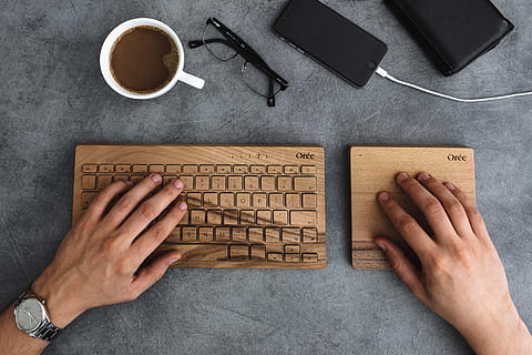 man typing, wooden, keyboard, Young, man, typing, workspace, workplace, work, desk, hands, wooden keyboard, male, technology, computer, business, human Hand, laptop, working, wireless Technology, coffee - Drink, people, internet, table, high Angle View, copy Space, office, one Person, human body part, directly above, one man only, indoors, hand, drink, coffee, cup, mug, food and drink, coffee cup, studio shot, refreshment, adult, communication, finger, 2K