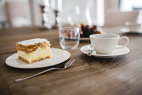 dessert, cream, cup, coffee, table, Sweet, cup of coffee, cake, snack, plate, food, breakfast, gourmet, sweet Food, no People, coffee - Drink, slice, morning, freshness, food and drink, indulgence, drink, kitchen utensil, eating utensil, mug, refreshment, coffee cup, indoors, baked, meal, slice of cake, glass, temptation, crockery, 5K, CC0, public domain, royalty free